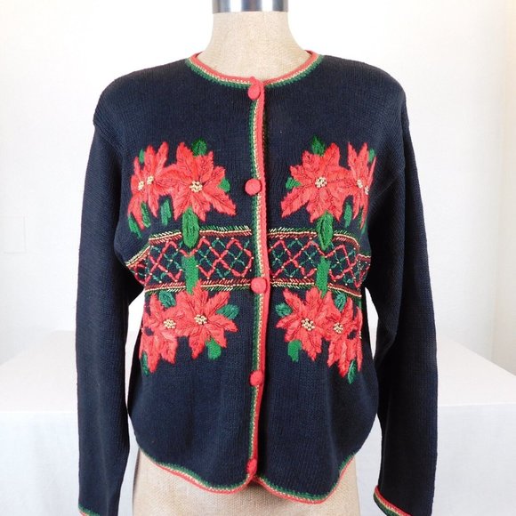 Christmas Sweater Women Size Petite Large Black Beaded Poinsettia Embroider Ugly - Picture 1 of 12